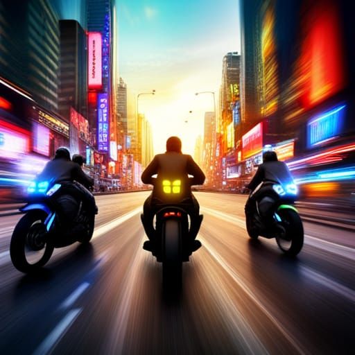 Motorbike Riders Race Through Neon Cityscape