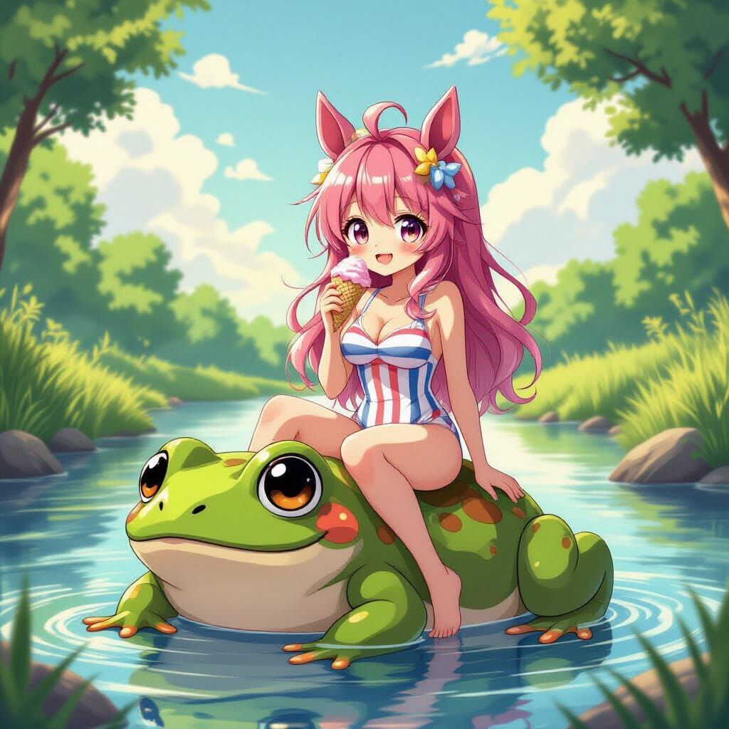 Anime Girl with Horse Ears Sits on Frog