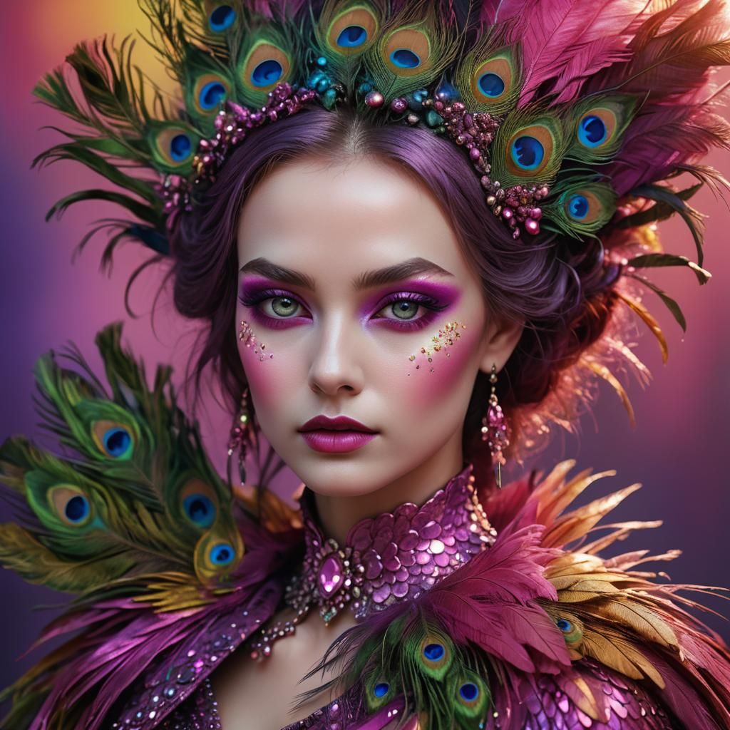Fantasy Woman Portrait with Peacock Feathers Hair