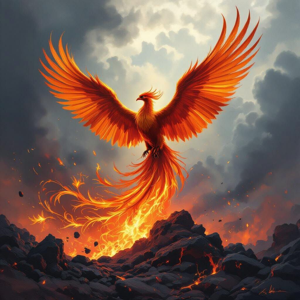 Phoenix Rising in Volcanic Landscape as Digital Art