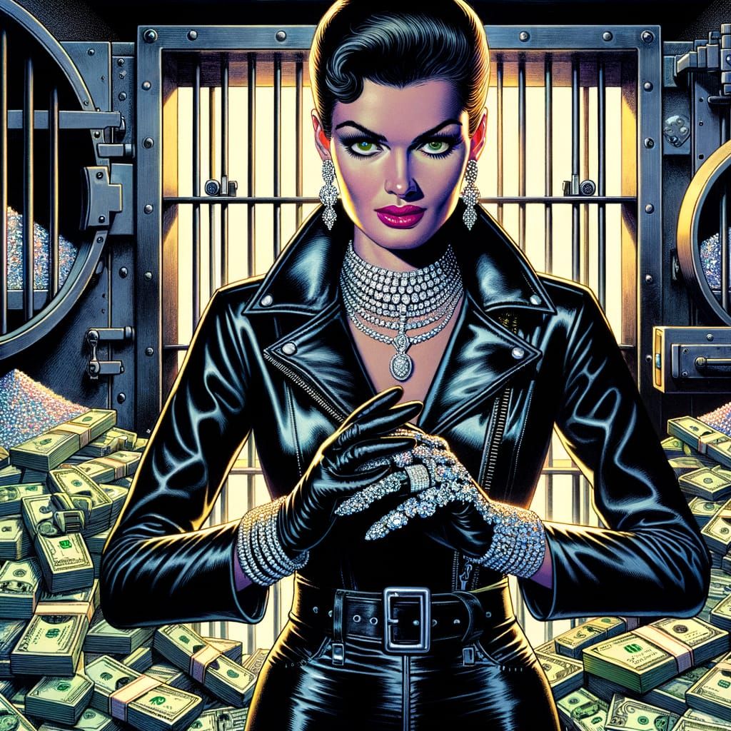Assertive Woman in Vault of Riches, with Comic-Book Inspired...