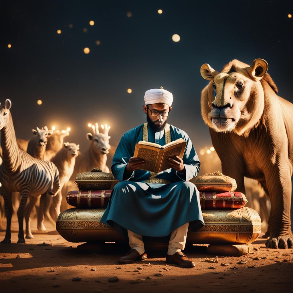 Muslim Man Reading Quran on Animals in Moonlight