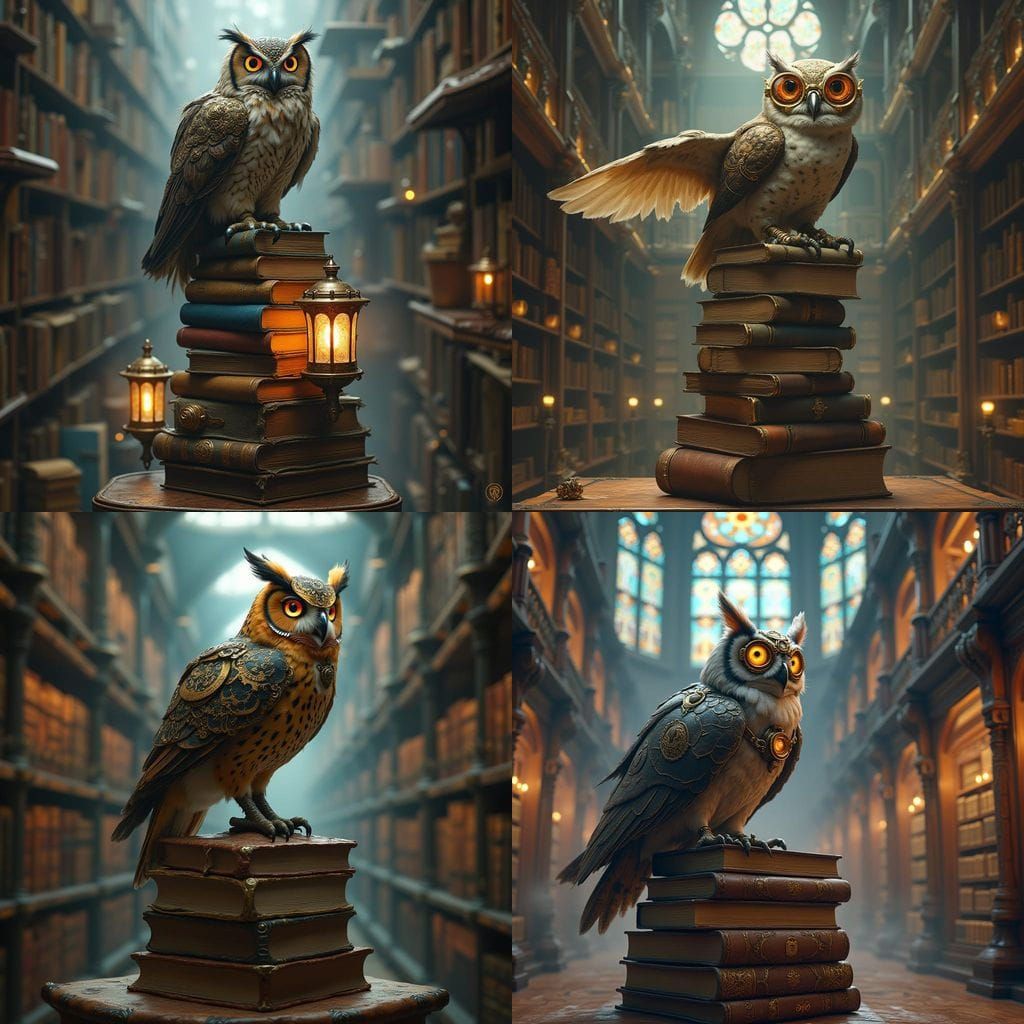 Steampunk Owl Amidst Ancient Tomes in Fantastical Library