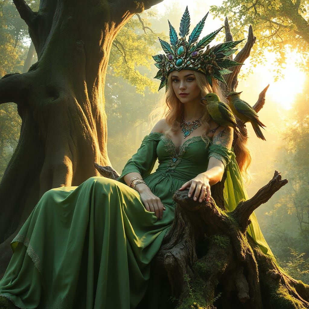Dryad Queen on Root Throne in Fantasy Art Style