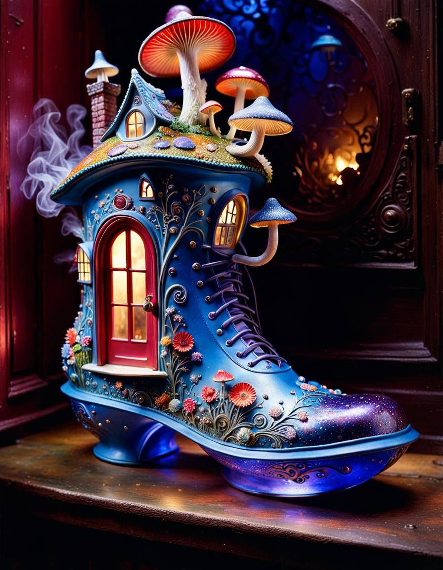 Whimsical Glittercore Mushroom Boot House
