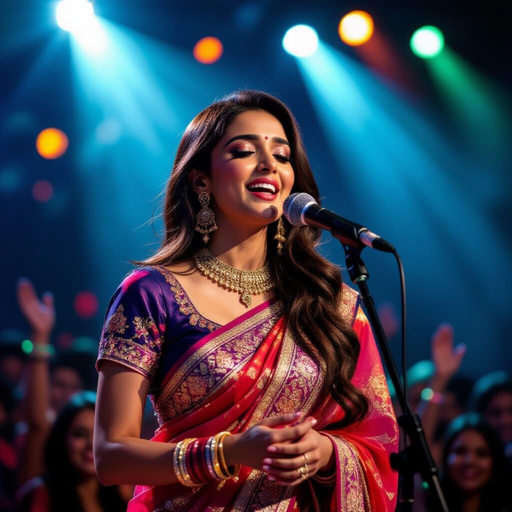 Indian Woman Sings Passionately on Stage in Dramatic Lightin...