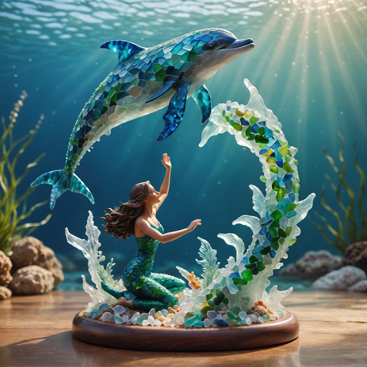 Sea Glass Dolphin and Mermaid Sculpture