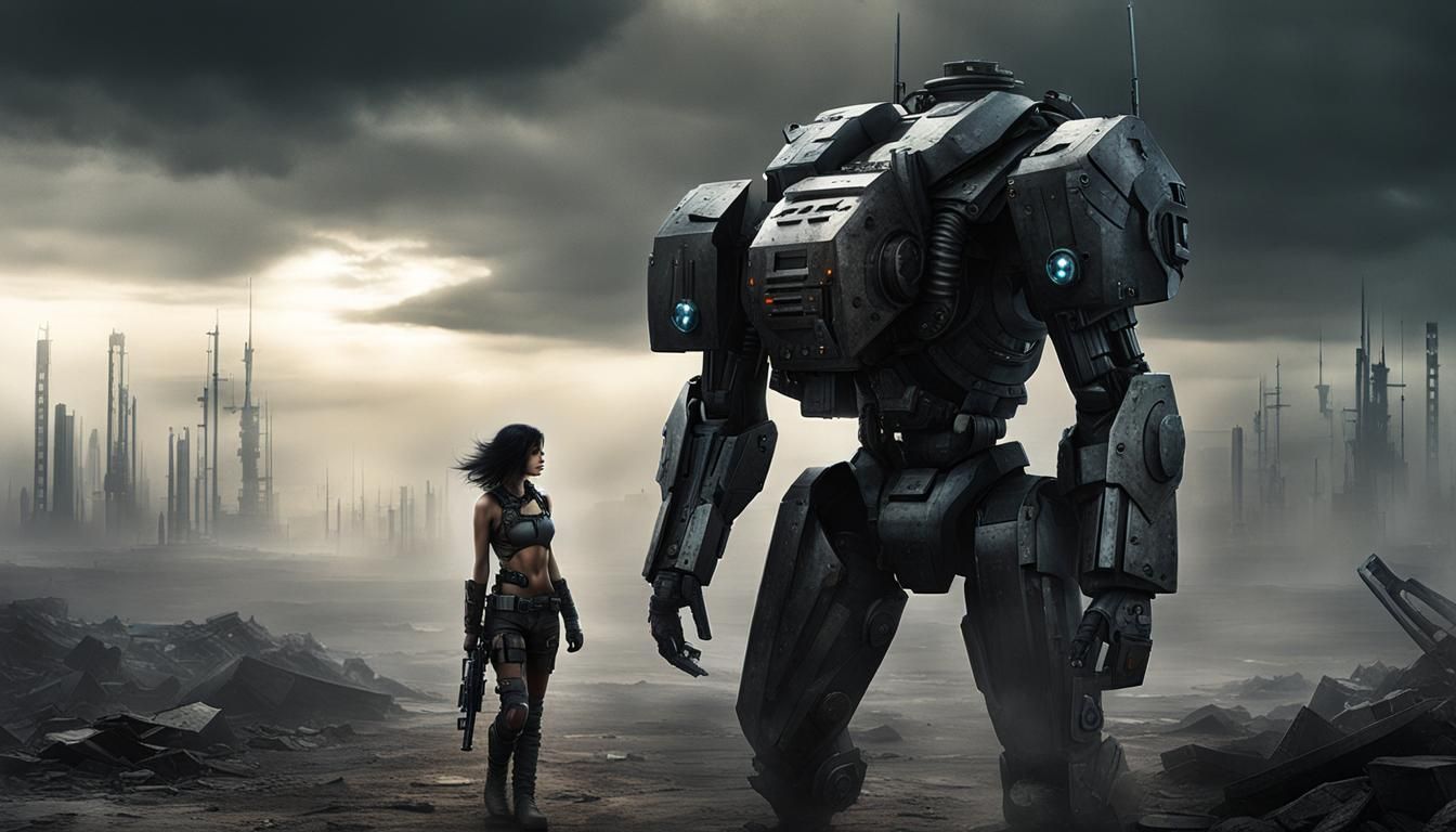 Post-Apocalyptic Cyborg Farewell in Digital Watercolor