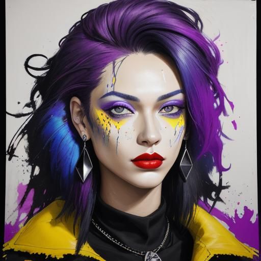 Gritty Graffiti Art Portrait with Feathers and Silver Eyes