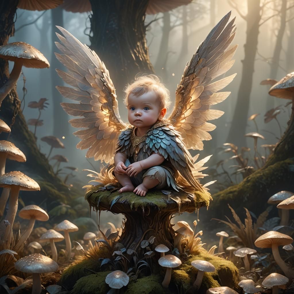 Winged Baby on Mushroom: High Fantasy Concept Art