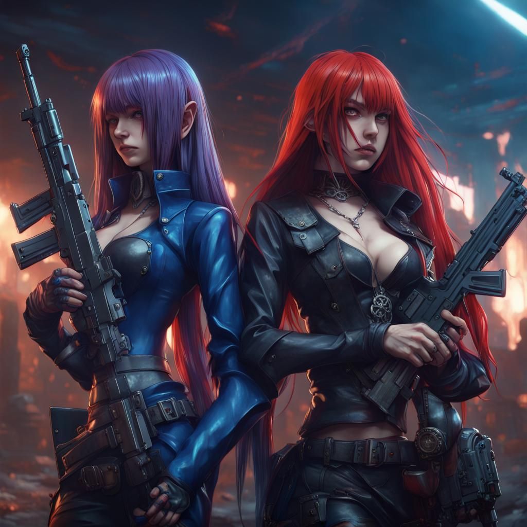 Anime Girls with Guns in Dark Fantasy Style
