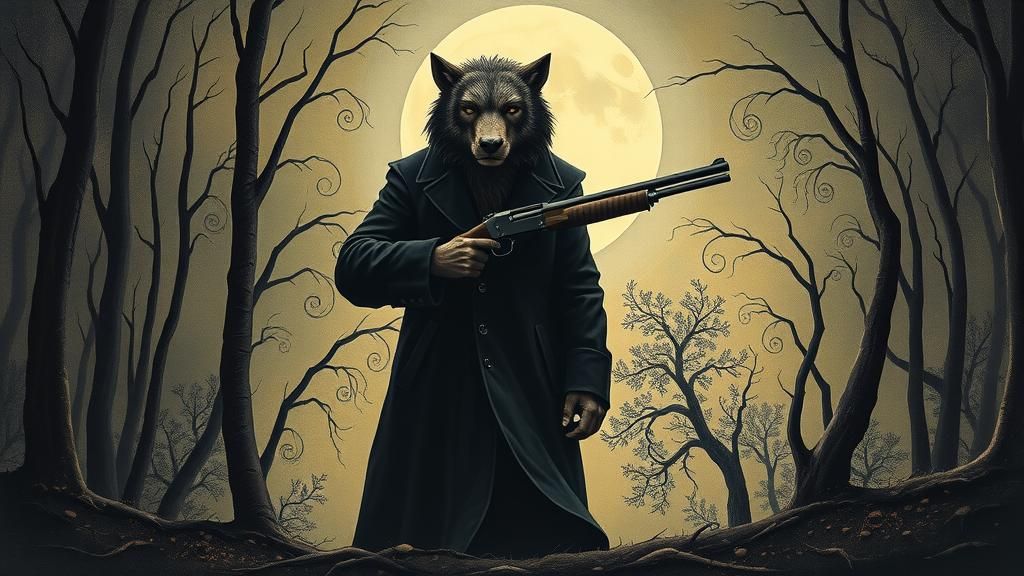 Hyperrealist Werewolf with Shotgun in Surreal Forest