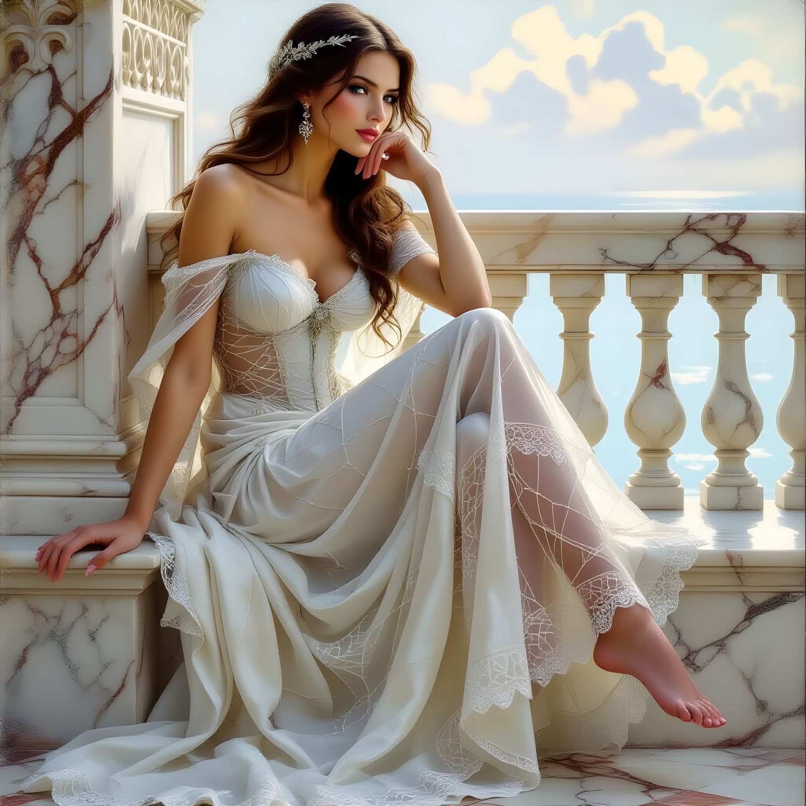 Norse Goddess in Silver Spiderweb Gown on Marble Balcony