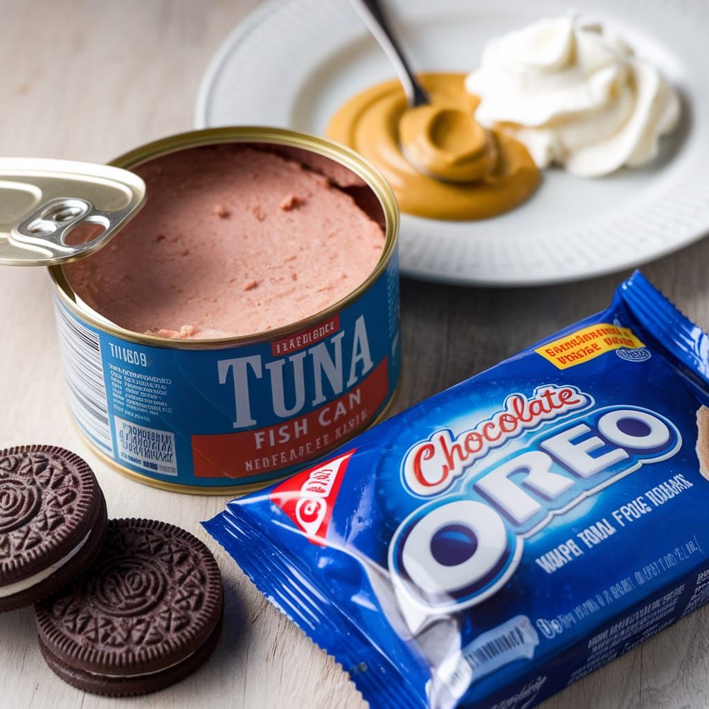 Opened Tuna and Oreo Cookie Packages Still Life