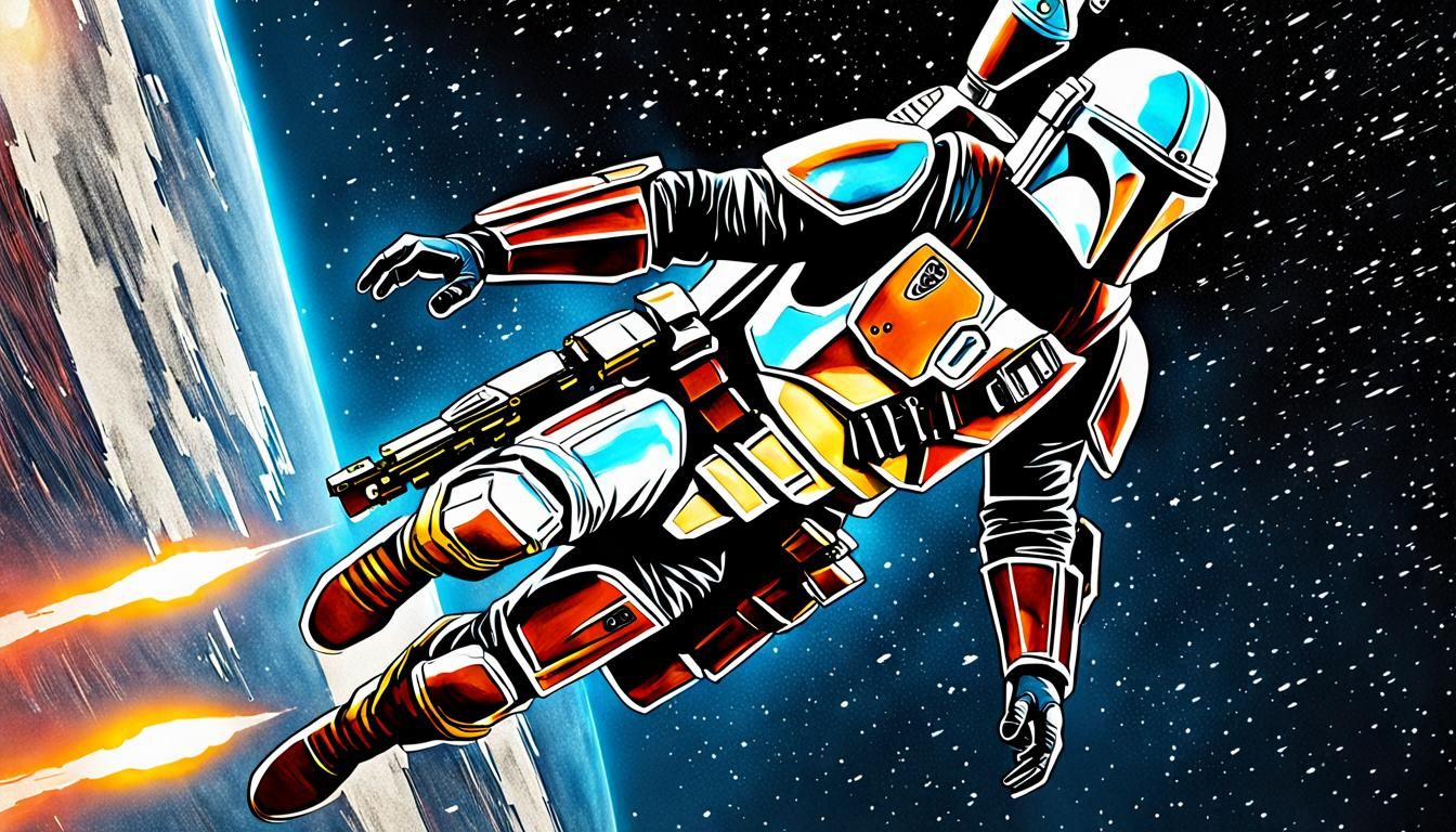 Mandalorian in Flight: Photorealistic Star Wars Galaxy