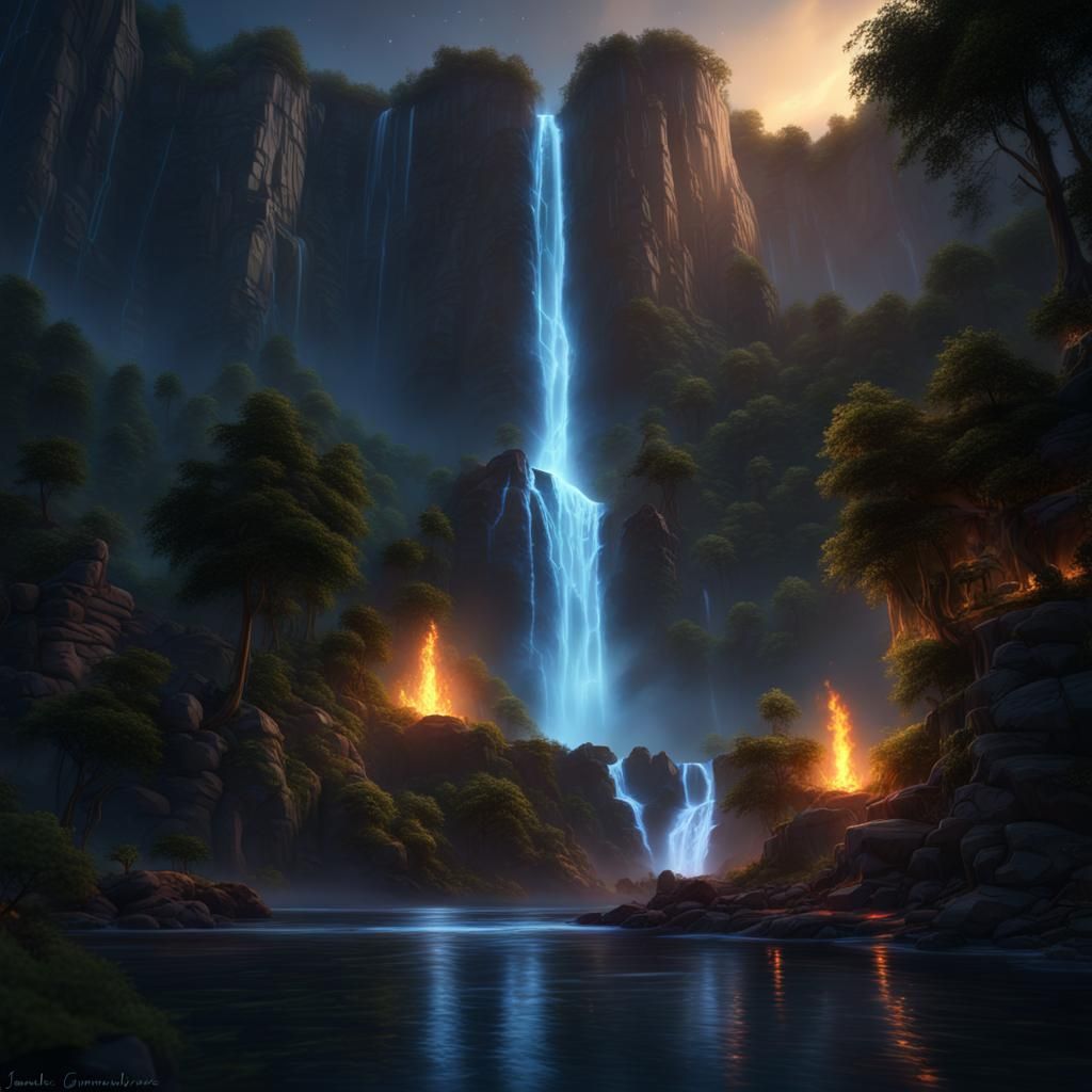 Night Waterfalls with Fireflies: Digital Matte Painting
