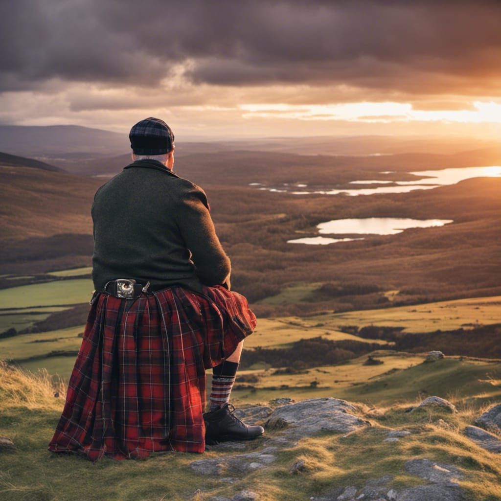 Scottish Highlands Sunset Kilt Contemplation Art
