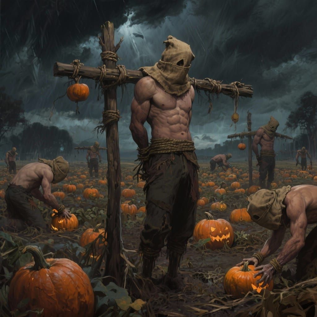 Muscular Men as Scarecrows in Stormy Pumpkin Patch