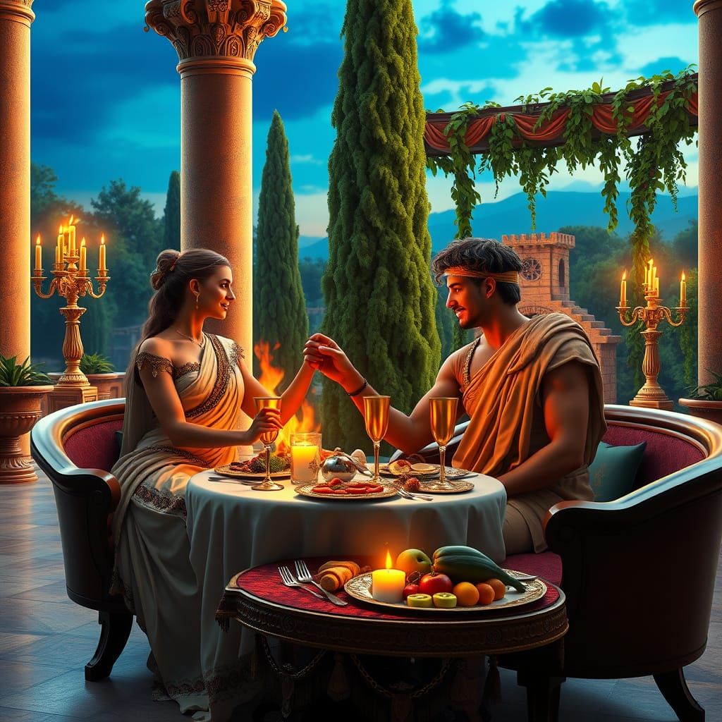Young Roman Couple Shares Intimate Dinner in Lavish Villa