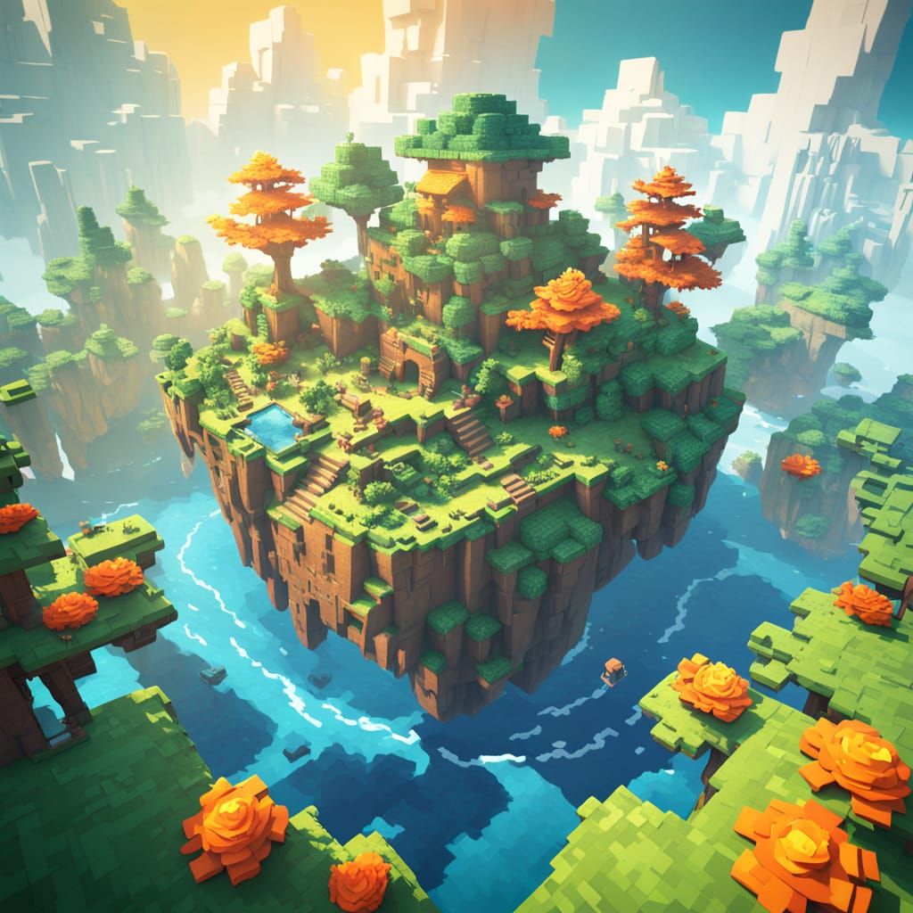 Blocky Fantasy Landscape in Vibrant Pixel Art Style