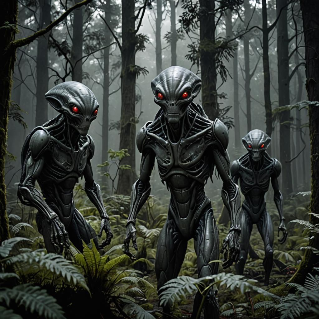Grey Aliens Lurking in a Dark Forest