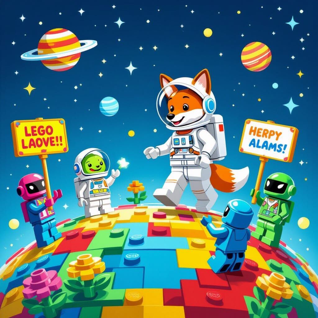 Astronaut Fox Lands on Colorful Lego Planet With Friendly Al...