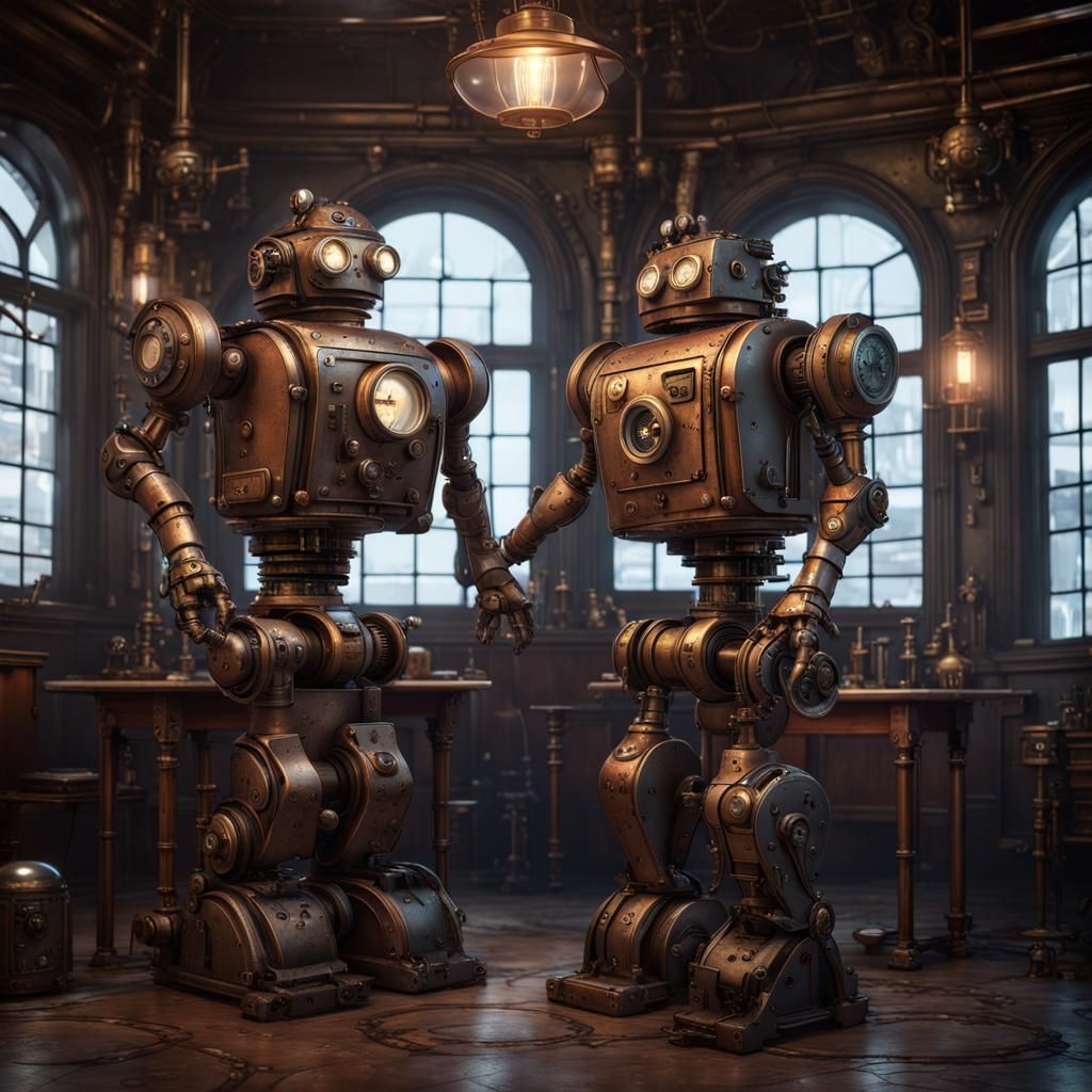Steampunk Robots Embrace in Antique Laboratory