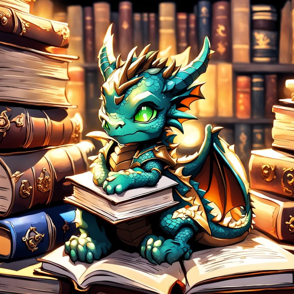 Chibi Dragon Asleep on Books in Anime Style