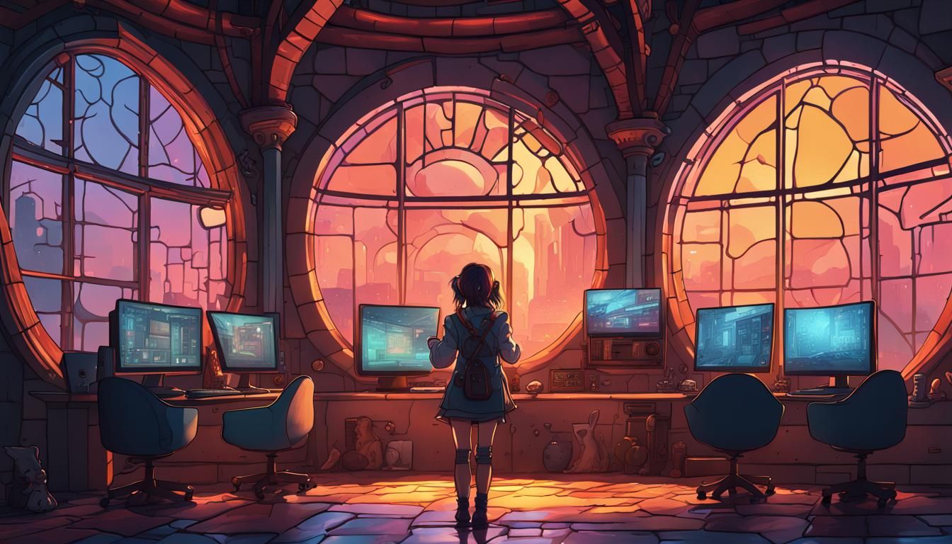 Fantasy Cyberpunk Girl in Medieval Computer Room