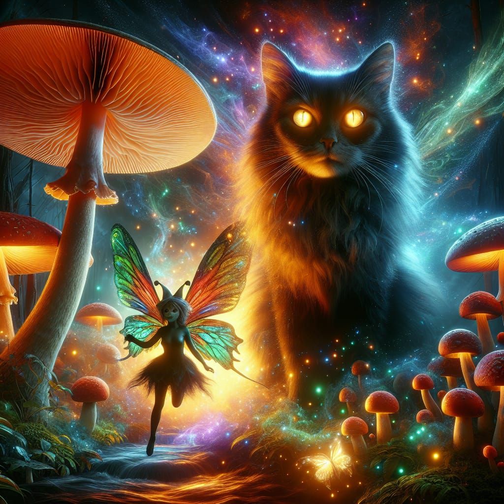 Magical Cat and Pixie in Enchanted Forest