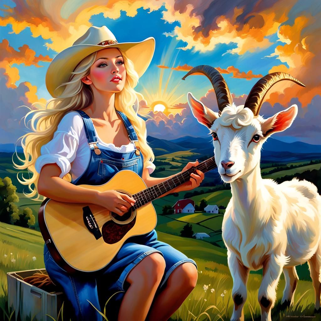 Woman Plays Guitar for Goats: Surreal Digital Art