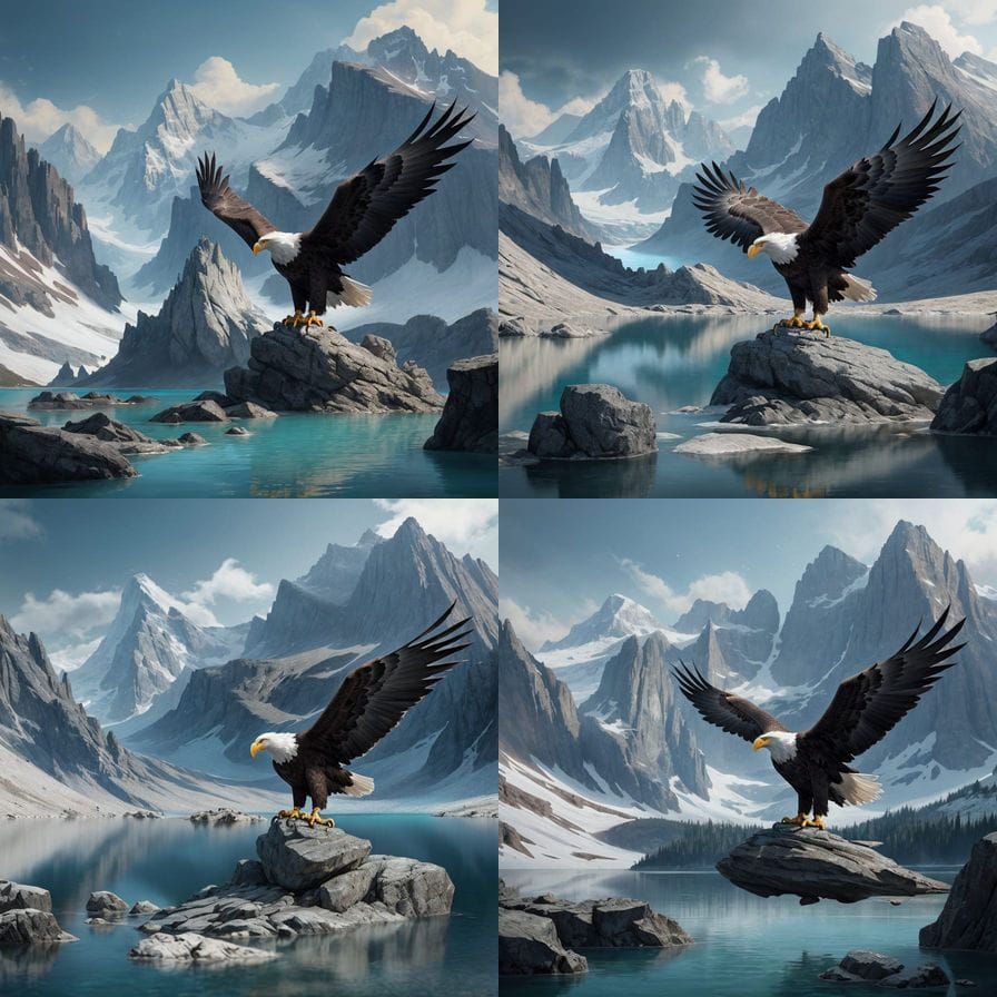 A bald eagle perching on a rock in an alpine lake in the Rockies