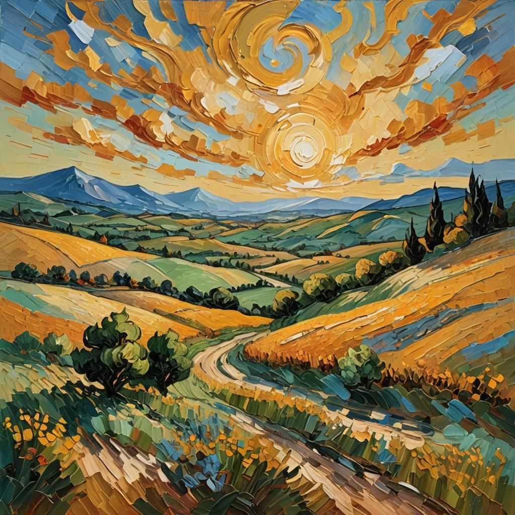 Summer Sunset Landscape in Impasto Oil Painting Style