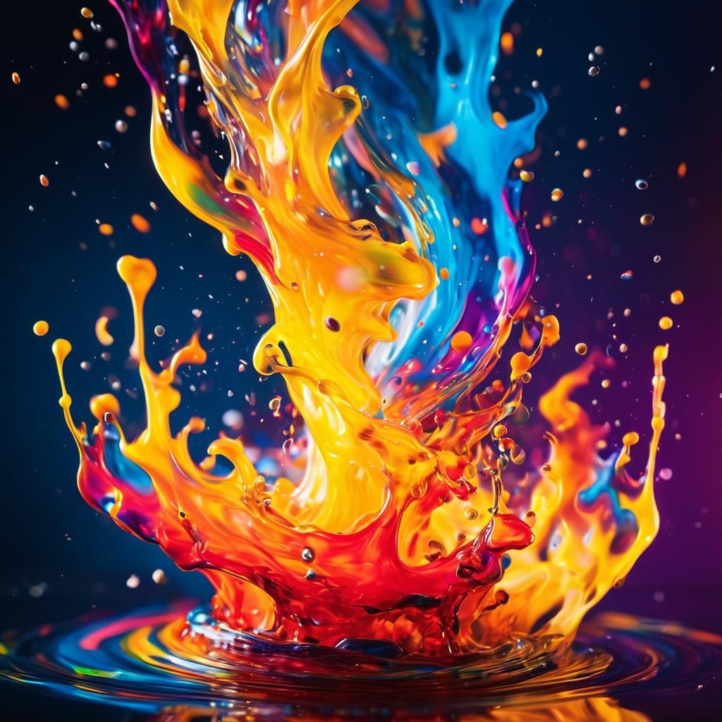 Multi coloured fluids, splashing around, in a vortex of brig...