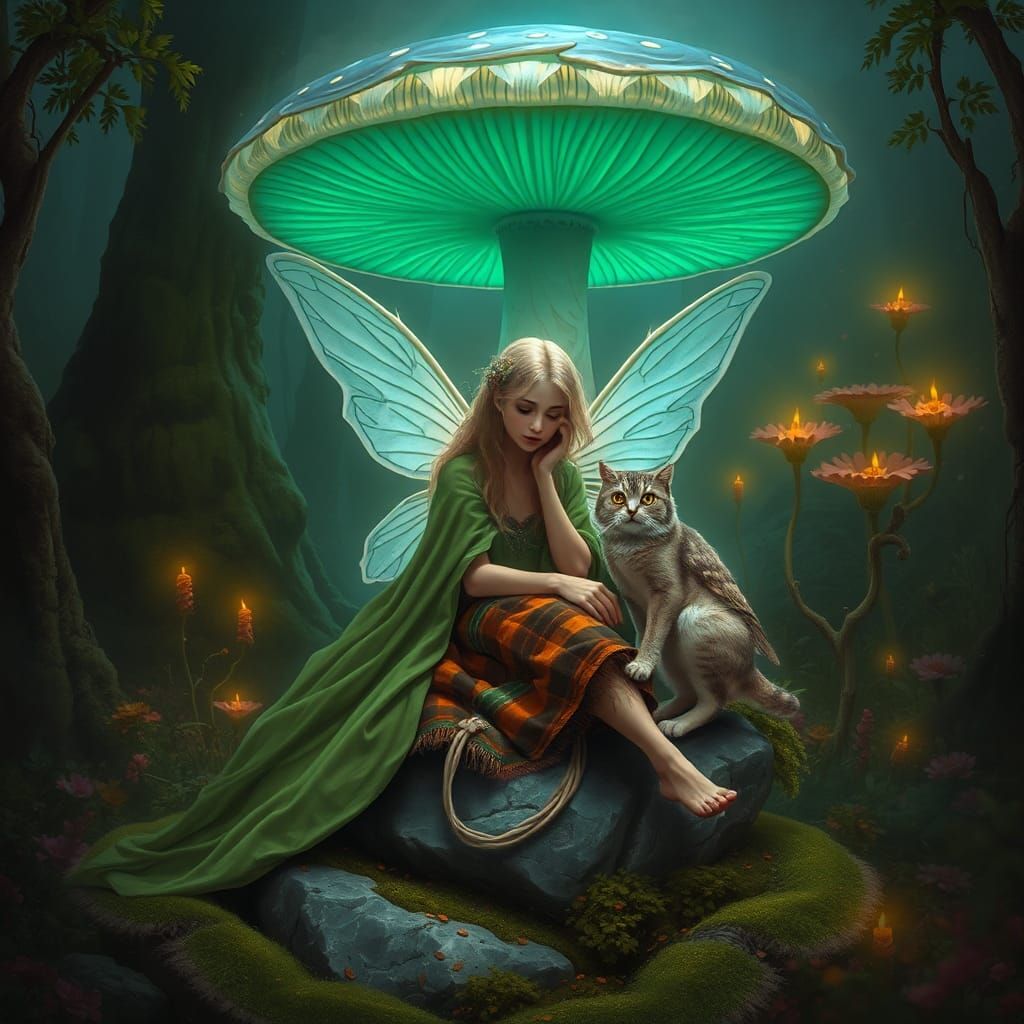 Fairy with Owl and Cat Under Bioluminescent Mushroom