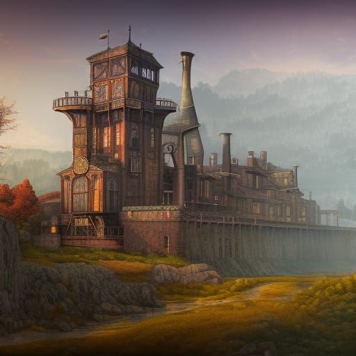 Fantastical Steam Engine Factory Castle in Matte Painting St...