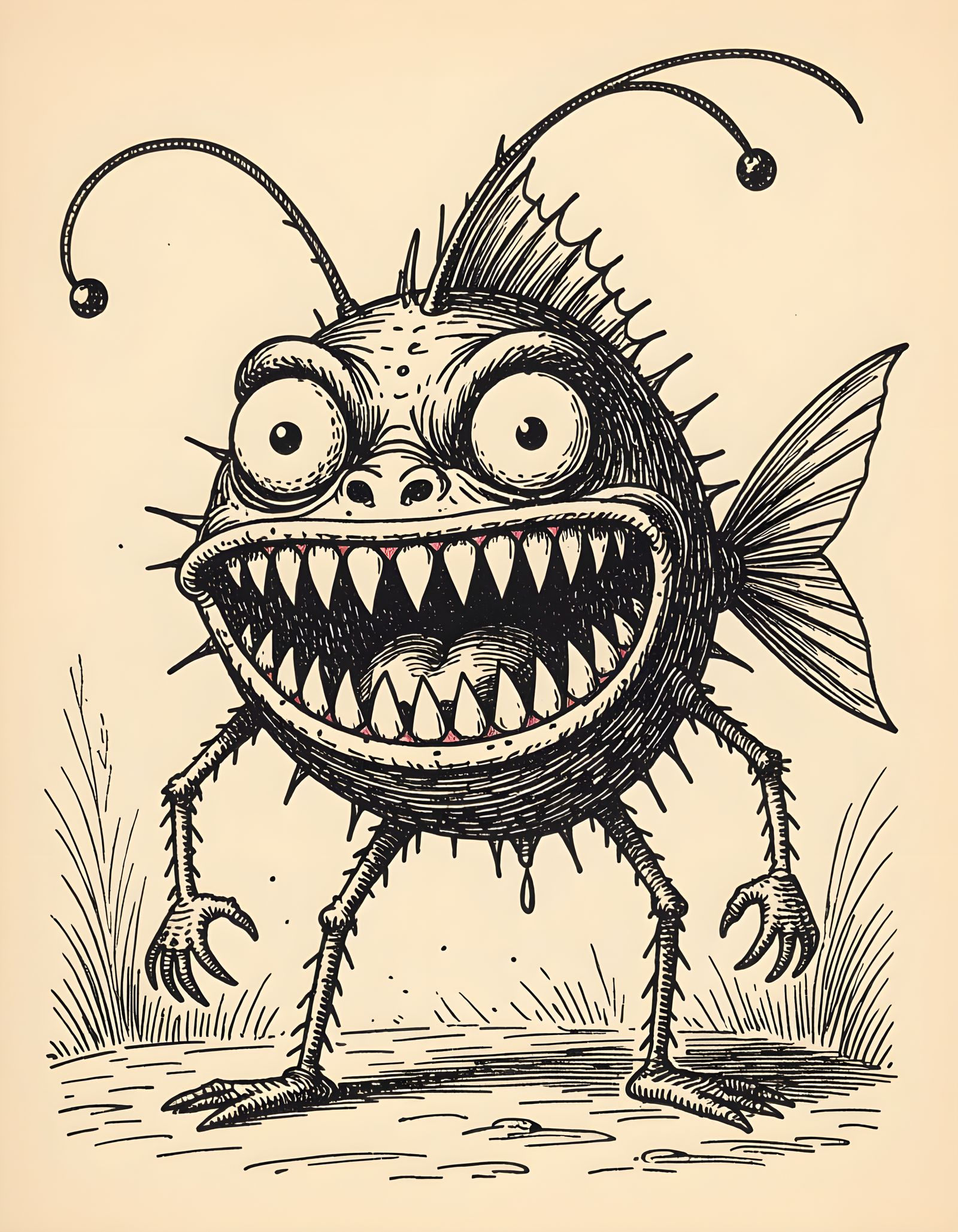 Grotesque Fish Creature in Vintage Engraving Style