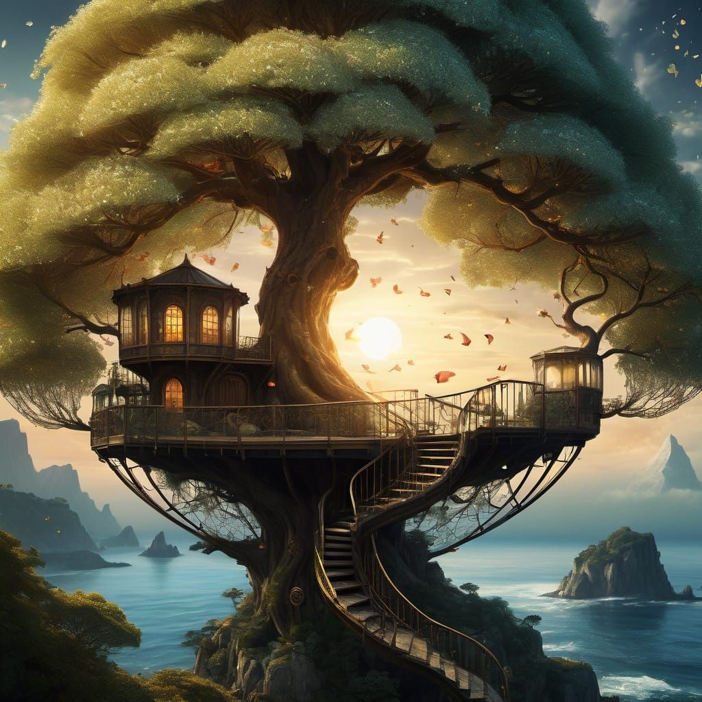 Ethereal Treehouse Perched on a Gnarled Cliff