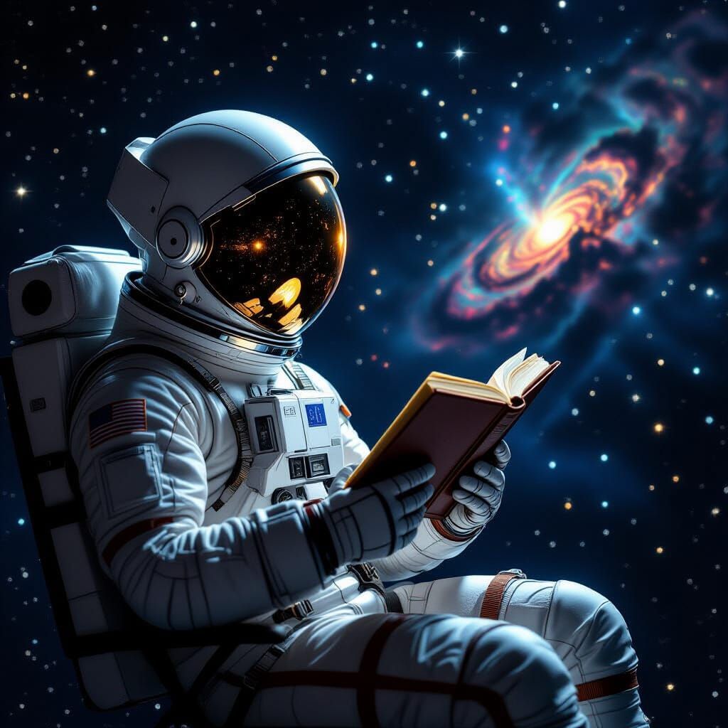 Astronaut Reads Book in Deep Space