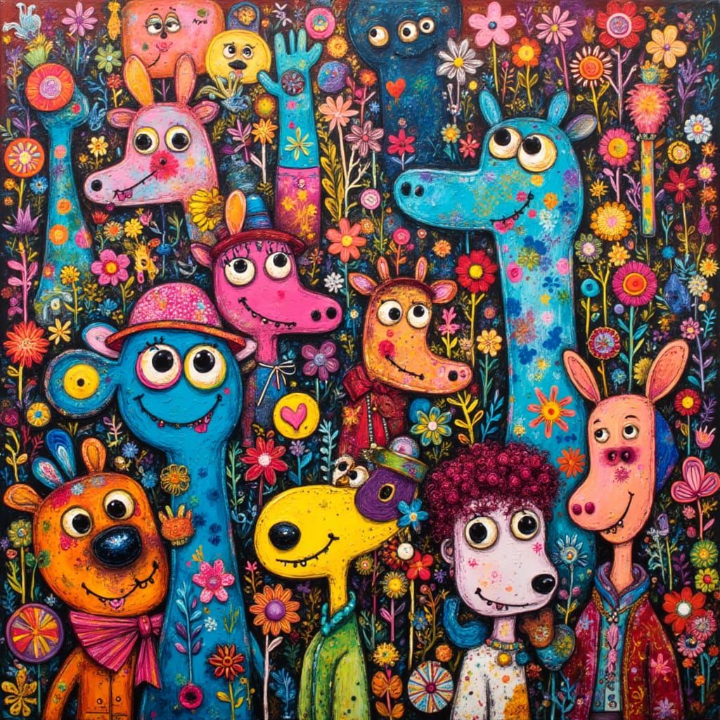 Whimsical Abstract Painting of Colorful Animals and Flora