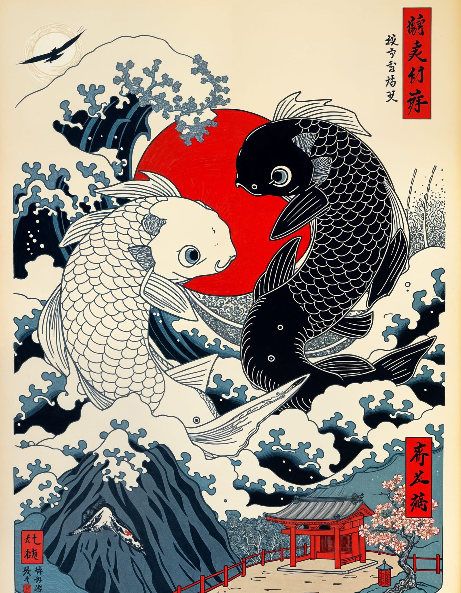Yin-Yang Koi Fish in Ukiyo-e Style