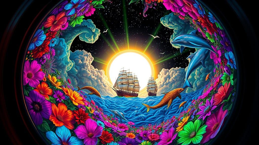 Bioluminescent Garden with Sailing Ships: Stained Glass View