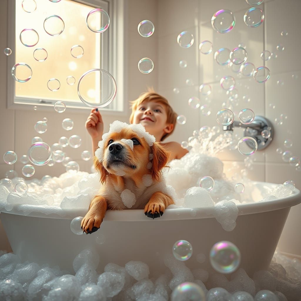 Joyful Bathtime Chaos with Bubbles and Dog