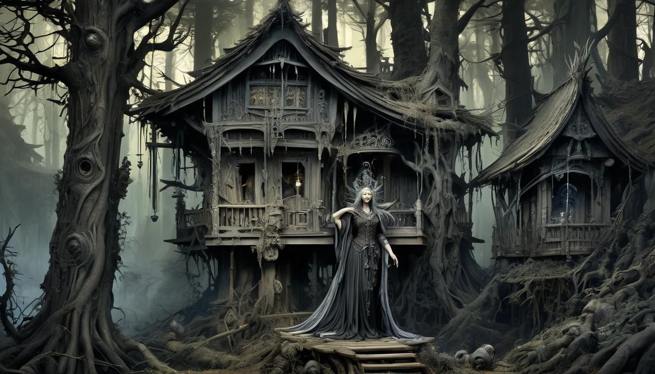 Baba Yaga in Mystical Forest: Grotesque Surrealism