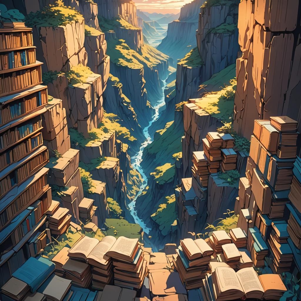 Anime Canyon of Books in Sunset Light