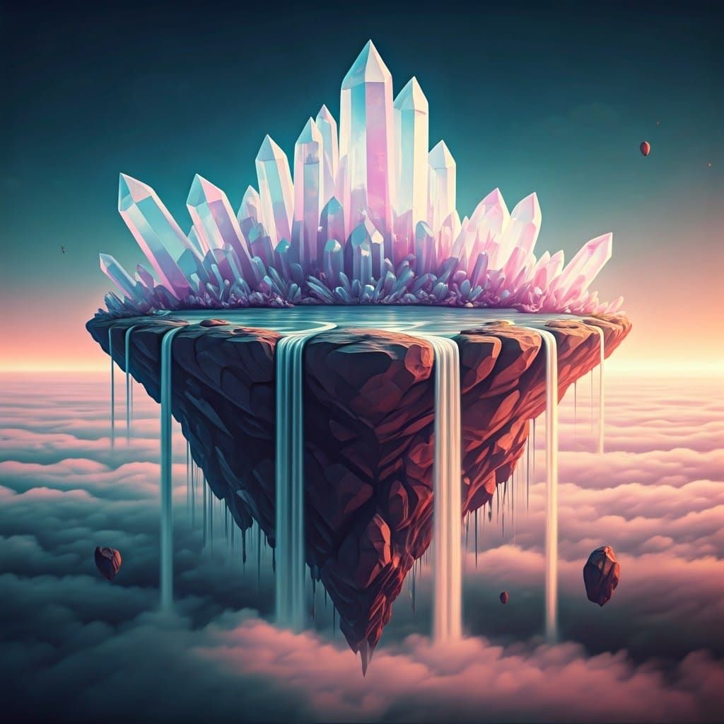 Ethereal Floating Isle of Iridescent Quartz and Rose Quartz