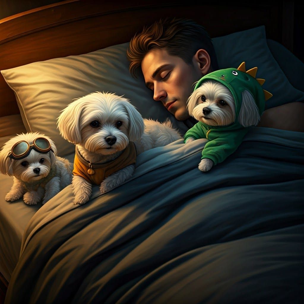 Adorable Maltese Dogs Snuggle with Sleeping Man