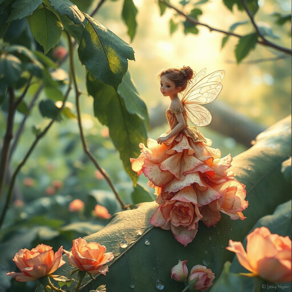 Whimsical Rose Fairy in Enchanted Forest Watercolor