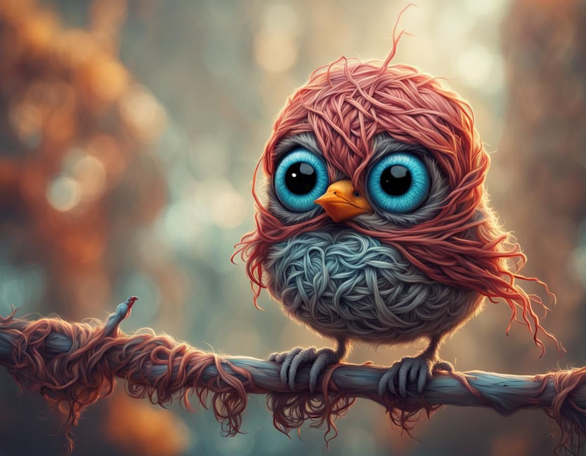 Cute adorable bird made out of yarn, huge beautiful eyes, Br...