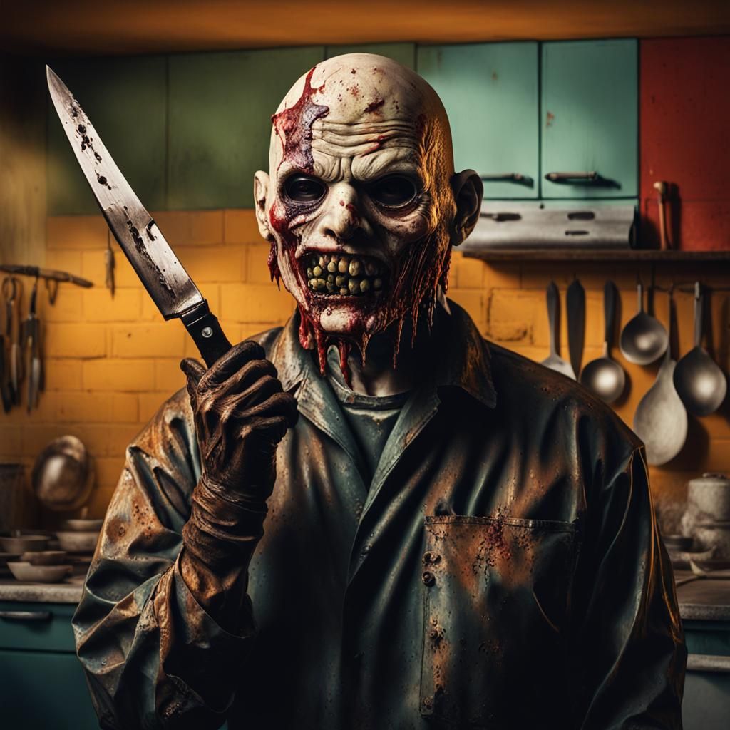 Creepy Masked Figure with Knife: Hyperrealistic Digital Art